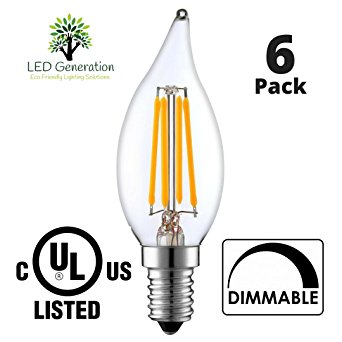 LED 4W (6 Pack) Chandelier Candelabra Candle Bulb UL Listed Dimmable Clear Flame Tip 40 Watt Equivalent E12 base Warm White 2700K-C32 Lamp