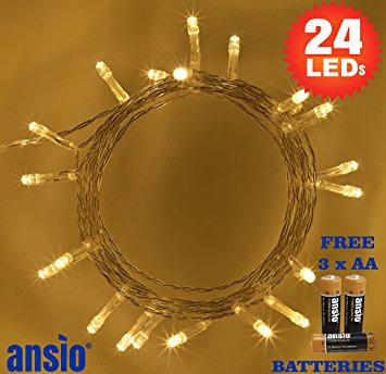 Fairy lights 24-LED Warm White Christmas Battery Operated String Lights with 2.8m IP44 Clear Cable Perfect for Festive, Wedding/Birthday Party & Christmas Tree Decorations 3 x ANSIO® AA Batteries Included