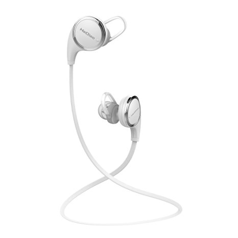 Wireless Earphone, HeQiao Bluetooth Headset Stereo Earbuds In-Ear Headphone Microphone Built-in with Ear Hooks for Sports Workout (Balanced Audio, Sweat-Proof, Noise-Canceling) -White