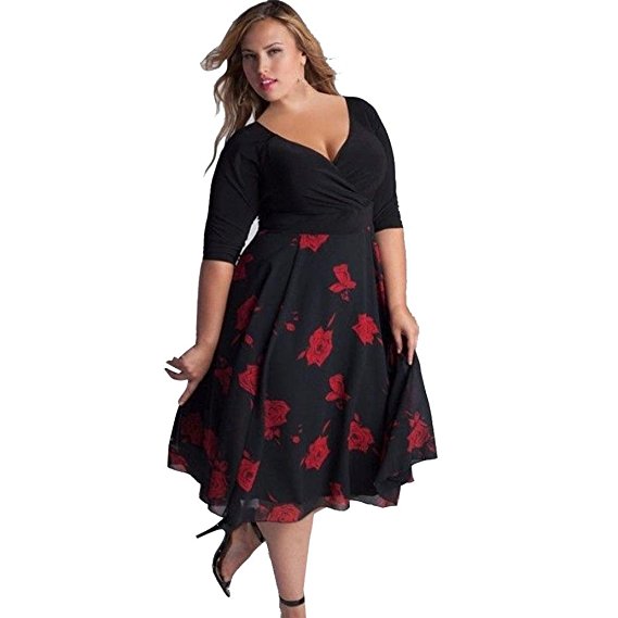 TLoowy™ Hot Sale! Women Plus Size Floral V Neck Short Sleeve Cocktail Evening Party Swing Midi Dress