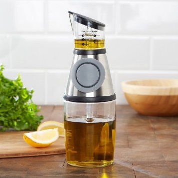 Press and Measure Olive Oil Glass Bottle - Salad Dressing Dispenser Infuser - Vinegar Pourer 10 oz  Silver