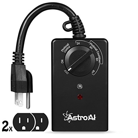 AstroAI Outdoor Light Timer, Dual Outlet Heavy Duty Countdown with Photocell Light Sensor, Mounting Hole, Weatherproof, 24-Hours Mechanical, 15A/1875W (Black)