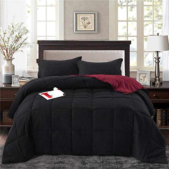 HIG 3pc Down Alternative Comforter Set -All Season Reversible Comforter with Two Shams - Quilted Duvet Insert with Corner Tabs -Box Stitched -Hypoallergenic, Soft, Fluffy (Full/Queen, Black/Burgundy)