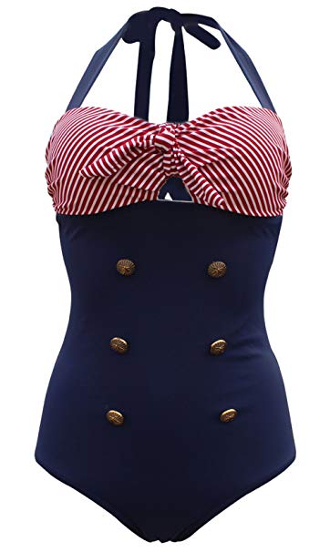 Gabrielle-Aug Retro Sailor Nautical One Piece Swimsuit Swimwear(FBA)