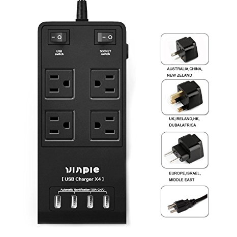 Vinpie Portable International 4-Outlet Surge Protector Travel Charger with 4-USB Charger Ports, Power Strip Charging Station for iPhone, iPad, Samsung, Tablet - Black,5ft