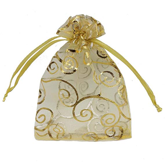Ankirol Sheer Organza Favor Bags 6x8'' for Wedding Baby Shower 100pcs Gift Bags Samples Display Drawstring Pouches (Gold Swirl)