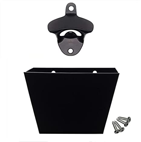 BUYBUYMALL Open Here Iron Wall Mount Bottle Opener with Screws (black opener with cap catcher)