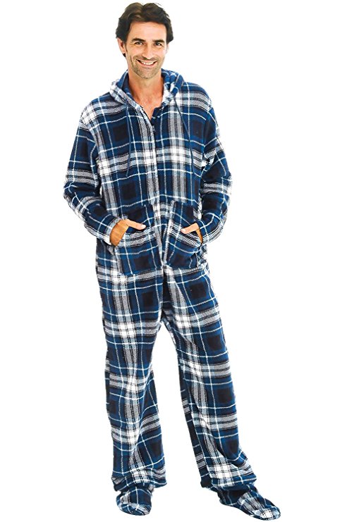 Del Rossa Men's Fleece Onesie, Hooded Footed Jumpsuit Pajamas