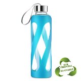 SWIG SAVVY Stylish Real Borosilicate 20-oz Glass Water Bottle with Silicone Sleeve - Stainless Steel Cap with Carrying Loop - Blue