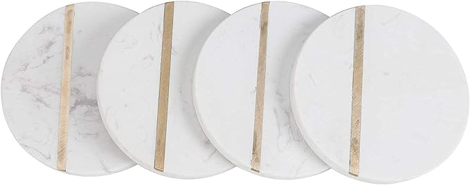 Round Marble Stone Brass Insert Coasters Handcrafted White Marble Coasters with Brass Lining on Front for Your Drinks Beverages & Wine/Bar Glasses (Set of 4)