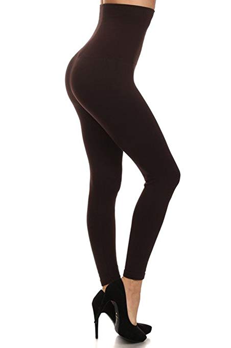 Yelete Women's Empire Waist Tummy Compression Control Top Leggings, French Terry Lining