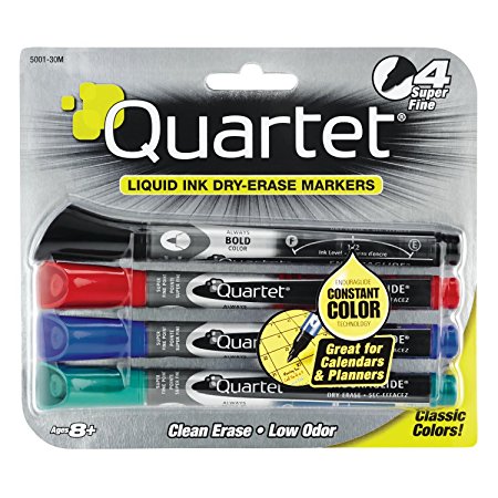 Quartet Dry Erase Markers, EnduraGlide, Super Fine Tip, Assorted Colors, 4 Pack (5001-30M)