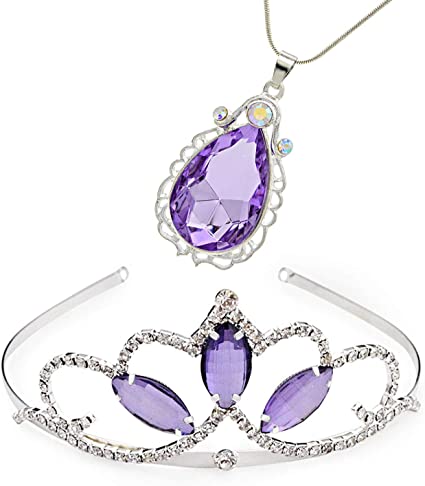 Princess Crown Sofia The First Tiara and Magic Amulet & Princess Waterdrop Pendant Necklace for Girls Perfect Birthday/Christmas Gift