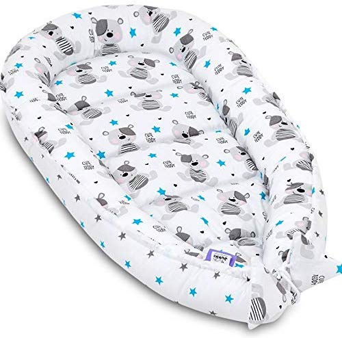 Jukki ® Baby Nest Cocoon Double Sided | 100% Cotton | Sleepyhead | Handmade | Cuddly Nest for Babies 0 to 8 Months (50 x 90) (Cute Teddy)