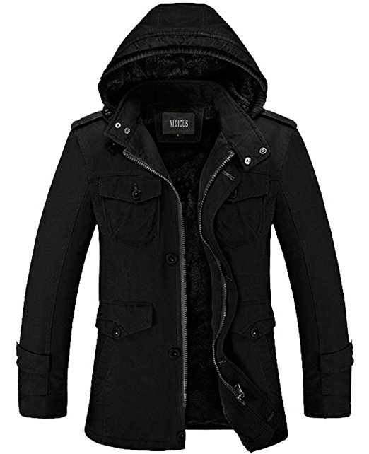 Nidicus Mens Classic Zipper Up Pea Coat with Removable Hood & Fleece Lining