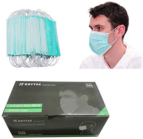 Raytex Dust Allergy Flu Masks-Nelson-Certified-50/bx 3-Ply Superior Disposable Latex Free Face Mask, Breathable and Comfortable with Premium Elastic Ear Loop for Medical Dental Surgical (Green)
