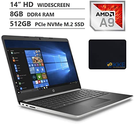 2020 Newest HP Notebook Laptop, 14" HD SVA BrightView Screen, AMD A9-9425 Dual-Core Processor, 8GB DDR4 Memory, 512GB PCIe NVMe SSD, Webcam, Wi-Fi, Bluetooth, HDMI, Windows 10, KKE Mousepad, Silver