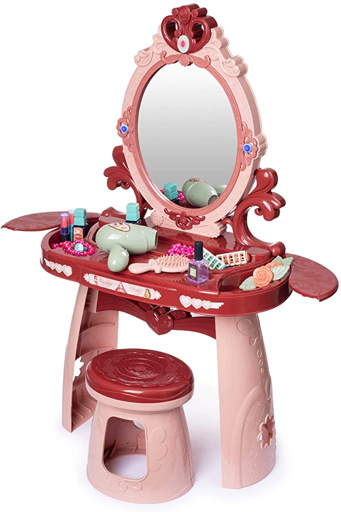 Hoovy Girls Vanity Table Toy to Pretend Makeup with Mirror Chair Set for Toddler Kids Little Girls Pink Makeup Kits Toys for 3, 4, & 5 Year Old Girls