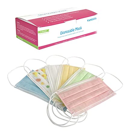 Vanecia Disposable 3-Layer Earloop Face Masks with Pink Green Yellow White Blue, Pattern, 6 Colors in the box(30 pcs)