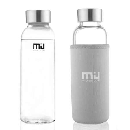 MIU COLOR® Glass Water Bottle - Eco-friendly Borosilicate Glass, No BPA, PVC and Lead, with Portable Nylon Sleeve, Bottle Brush, for Outdoor, Running, Bike, Car, Travel, 18.5 Ounce, 12 Ounce