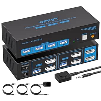 4K@144Hz Displayport KVM Switch 2 Monitors 2 Computers USB3.0 KVM Switch Dual Monitor for 2 Computers Share 2 Monitors and 4 USB Devices Support Extended/Copy Mode with Desktop Controller