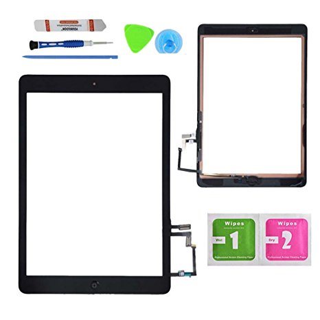 Monstleo Black Digitizer Touch Screen Outer Glass Panel for iPad Air 1st Gen Generation with Home Button Flex Cable Assembly   Premium Tools   Adhesive Tape