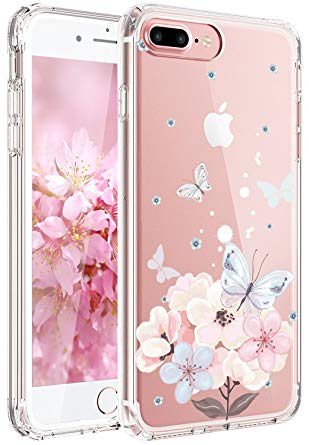 JAHOLAN Cute Girl Floral Design Clear TPU Soft Slim Flexible Silicone Cover Phone Case Compatible with iPhone 7 iPhone 8 - Light Pink Butterfly Flower