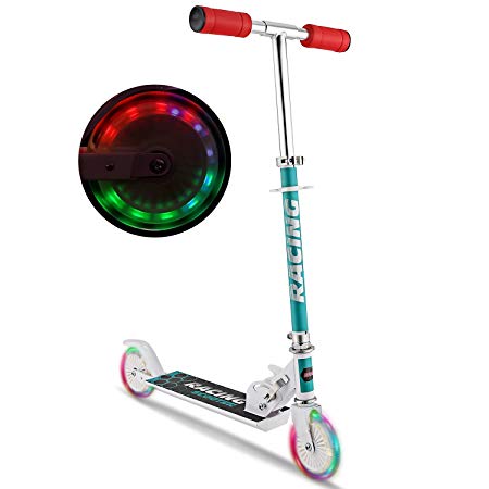 Moroly Kids Scooter with LED Light Up Wheels,110lb Foldable Adjustable Height Kick Scooter for Boys and Girls,Rear Fender Break,5lb Lightweight 2-Wheel Mini Push Scooter for Children Age 3-10