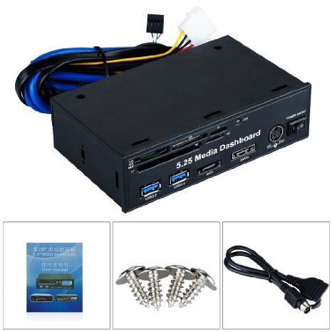 Excelvan 5.25 Inch Media Dashboard Muiti-funtion All-in-one Card Reader Two USB 3.0 Sata E-sata 20pin Front Panel I/o Ports-support Sd/ms/mmc/xd/tf/cf/m2