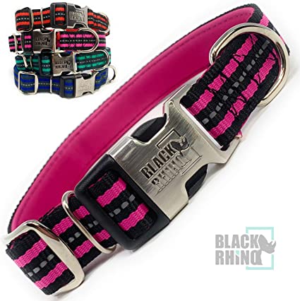 Black Rhino - The Hybrid Striped Dog Collar for Medium Large Breeds | Heavy Duty | Soft Padded Neoprene - Reflective & Adjustable - Matching Leashes Sold Separately