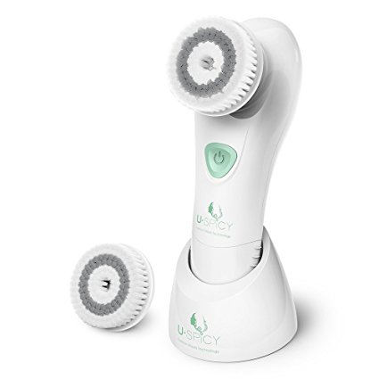 Electronic Vibrating Sonic Facial and Body Cleansing Brush by USpicy, Face Brush, Waterproof, Skin Exfoliating Cleansing System for Deep Cleaning, 4 Mode Settings with 2 Brush Heads