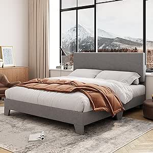 Allewie Full Size Bed Frame with Adjustable Headboard, Upholstered Platform Bed with Wood Slats, Heavy Duty Mattress Foundation, No Box Spring Needed, Noise-Free, Easy Assembly, Light Grey