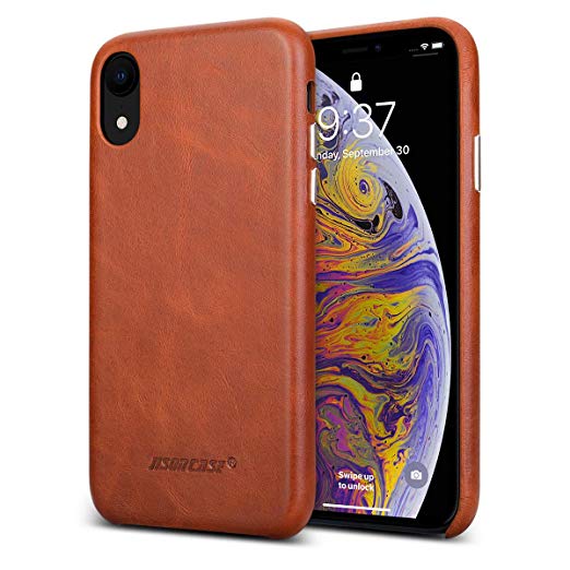 iPhone XR Case, Jisoncase Genuine Leather iPhone XR Protective Case Ultra Thin Hard Back Cover for Apple iPhone XR 6.1 Inch, Support Wireless Charging-Brown