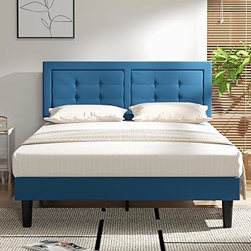 VECELO Queen Size Bed Frame with Adjustable Headboard, Upholstered Button Tufted Platform Bedframe with Wood Slats Support, No Box Spring Needed, Dark Blue