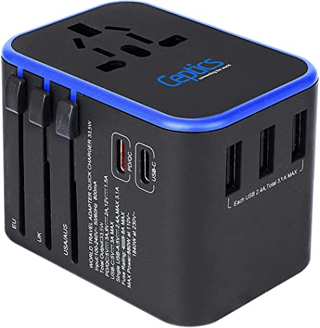 World International Travel Plug Adapter by Ceptics - Powerful 33.5W with Pd & QC 3.0 Dual USB-C Power - 3 USB Ports Wall Charger Type I C G A Outlets 110V 220V A/C - EU Euro US UK (11-KU)