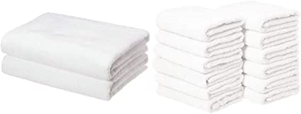 AmazonBasics Quick-Dry, Luxurious, Soft, 100% Cotton Towels, White - Set of 2 Bath Towels & Cotton Hand Towels, White - Pack of 12