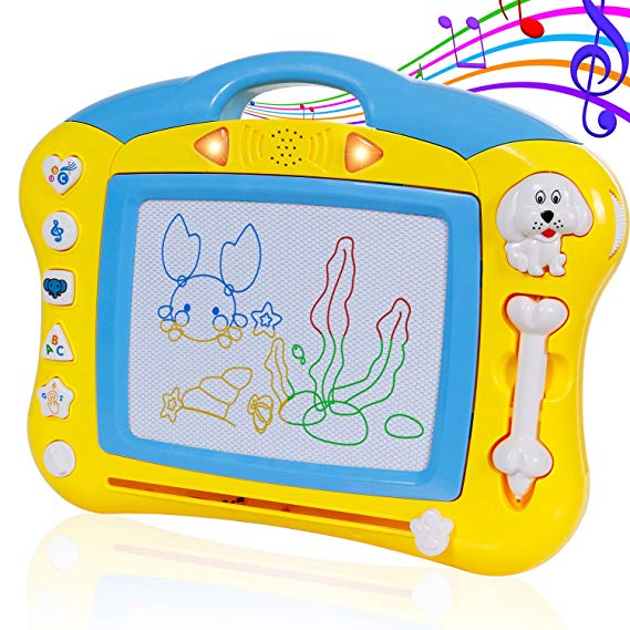 SGILE Magnetic Drawing Board, Musical Color Magna Doodle Writing Painting Board with Light and Music, Non-Toxic Erasable Sketching Sketch Pad for Toddlers Kids, Yellow