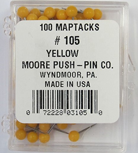 Moore Push-Pin Map Tacks, Yellow