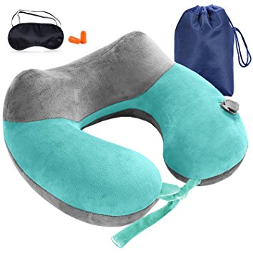 Inflatable Neck Pillow,MorePro Travel Pillow Soft Velvet U-Shape Pillow for Traveling and Airplane Support Head, Neck with Storage Bag Sleep Mask and Earplugs.