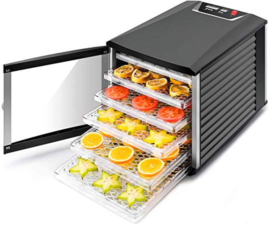 JAYETEC Professional Food Dehydrator, 6-Trays with Digital Thermostat and Timer, fruit, vegetables, meat, flowers, herbs, beef dryer,transparent front door & black，including 2 pcs non-stick sheets