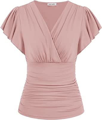 GRACE KARIN 2024 Womens Tops Summer Wrap Blouse V Neck Ruffle Sleeve Dressy Casual Top Ruched T-Shirts