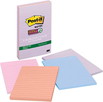 Post-it Super Sticky Recycled Notes, 4 in x 6 in, 4 Pads, 2x the Sticking Power, Bali Collection, Pastel Colors (Lavender, Apricot, Blue, Pink, Mint), 30% Recycled Paper (4621-SSNRP)