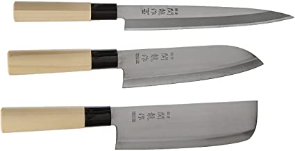 Happy Sales HSKN-3KN01, Set of 3 Japanese Sushi Chef Knives - Sashimi-Santoku-Nakiri Knife