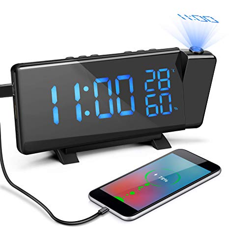 Laelr Projection Alarm Clock, Adjustable Brightness Digital FM Radio Alarm Clock with Dual Alarms, Snooze, Temperature, Hygrometer, 12/24H Clock Bedside and Dual USB Port for Home Office Bedroom