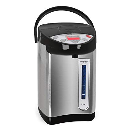 oneConcept Grand Champion • Hot water dispenser • Water heater • 680 W • 5 litres • 5 settings: 40°C, 50°C, 60°C, 85°C, 98°C • Stainless steel • Water level indicator • LCD display • black-silver