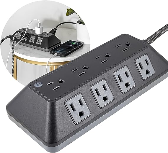 GE Home Electrical GE UltraPro 12-Outlet Surge Protector, 6ft Braided Cord Power Strip Surge Protector, Surge Protector Power Strip, 3540 Joules, Black, 74542