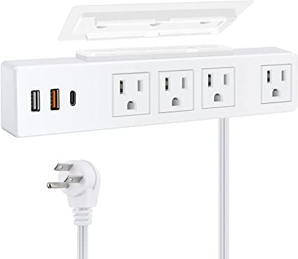 Type-C Under Desk Power Strip, Adhesive Wall Mount Power Strip with USB C Ports, Power Strip Socket Outlet, 4 AC Plug.20W 2 USB-A,1 PD Fast Charging 18W USB-C for Kitchen, Office, Home, Hotel (White)