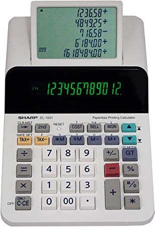 Sharp El-1501 Compact Cordless Paperless Large 12-Digit Display Desktop Printing Calculator That Utilizes Printing Calculator Logic