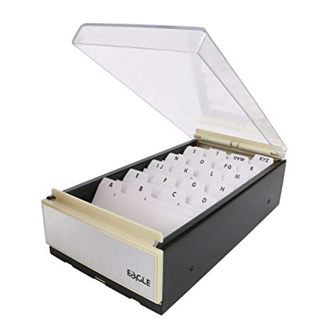 Eagle Business Card Holder, Storage up to 600 Cards, Box Size: 4 1/4 x 8 1/4 x 2 1/2, Metal/Plastic (Black/Clear)