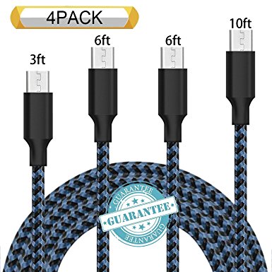 DANTENG Micro USB Cable,4 Pack 3FT 6FT 6FT 10FT Long Premium Nylon Braided Android Charger USB to Micro USB Charging Cable Samsung Charger Cord Black Blue